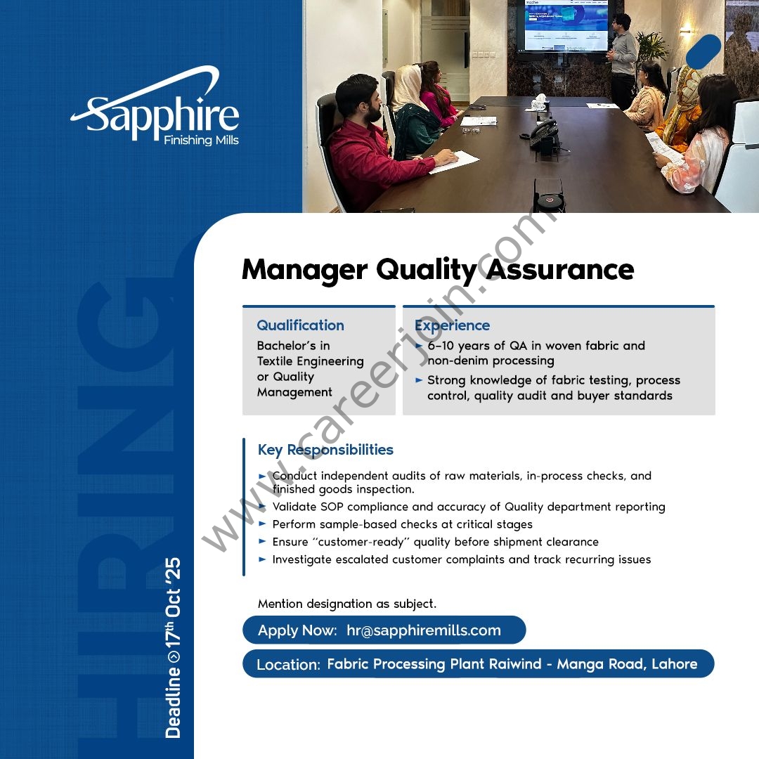 Sapphire Finishing Mills Jobs Manager Quality Assurance 1