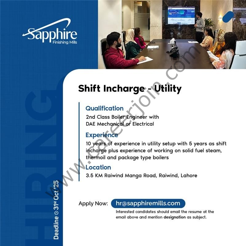Sapphire Finishing Mills Jobs Shift Incharge Utility 1