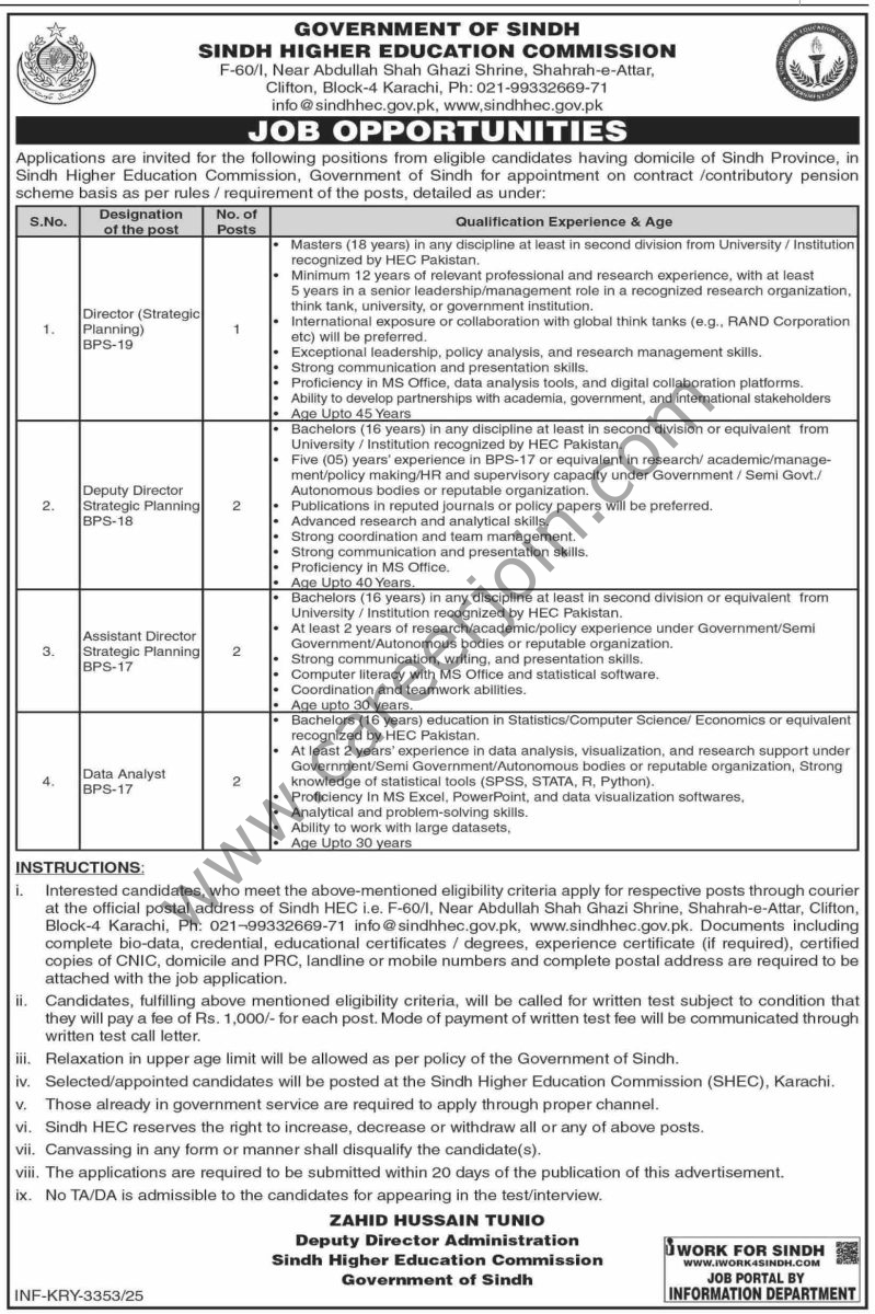 Sindh Higher Education Commission Jobs 19 October 2025 Dawn 1