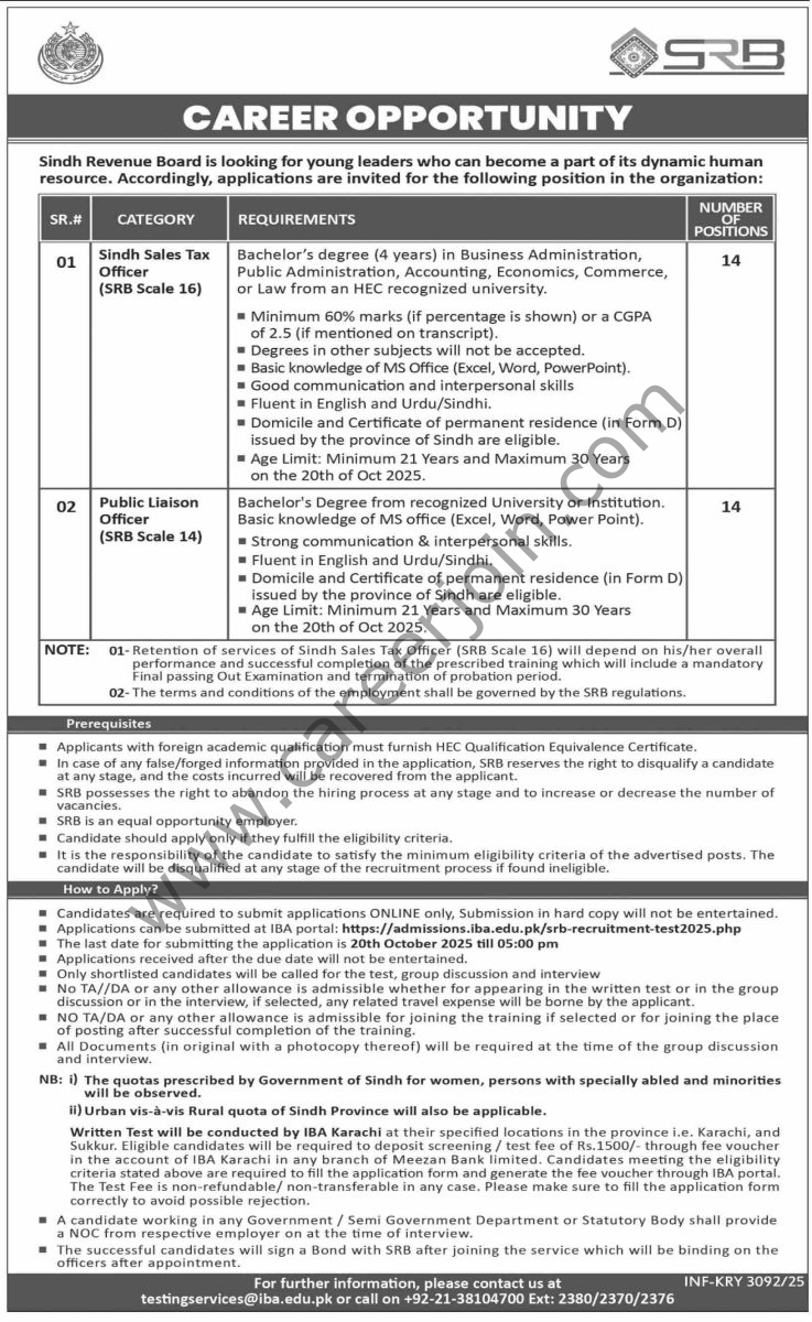 Sindh Revenue Board SRB Jobs 05 October 2025 Dawn 1