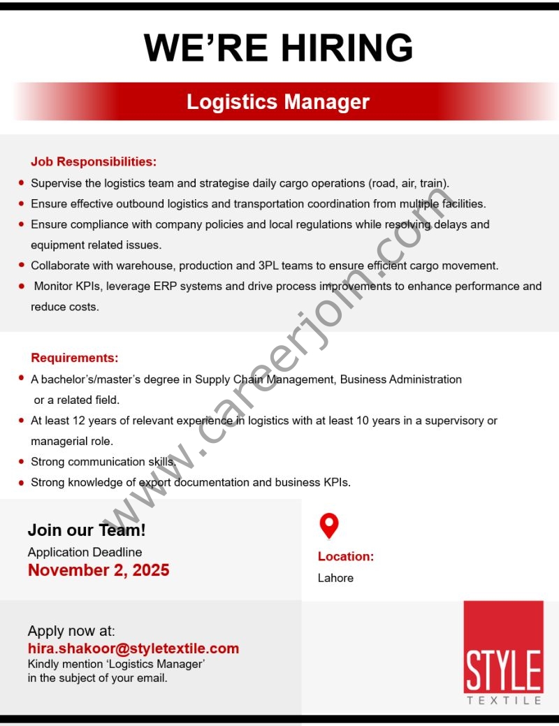 Style Textile Pvt Ltd Jobs Logistics Manager  1