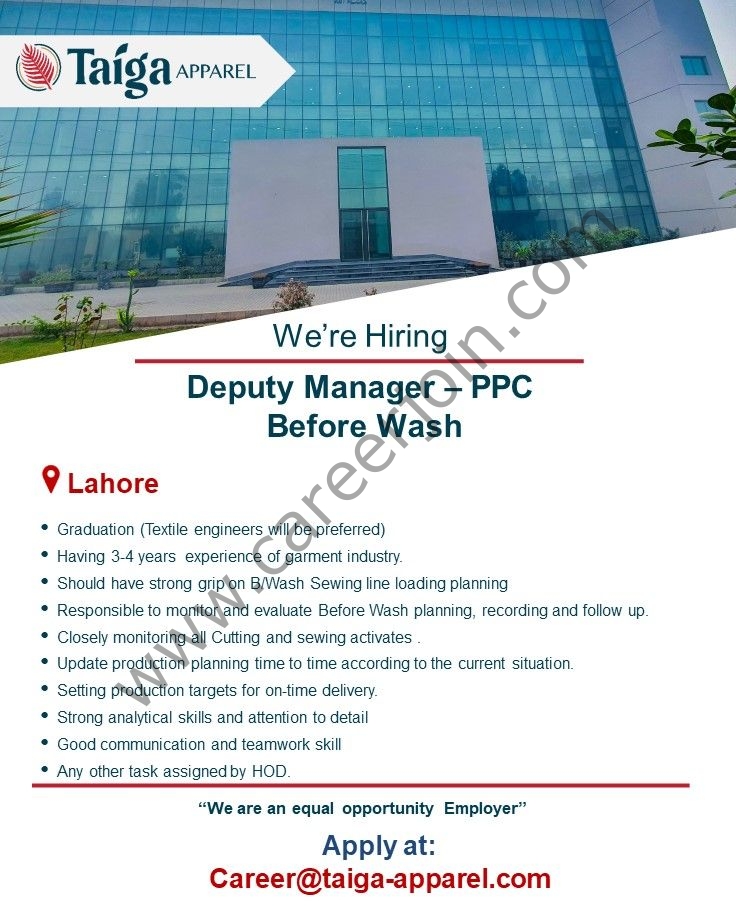 Taiga Apparel Pvt Ltd Jobs Deputy Manager PPC Before Wash  1