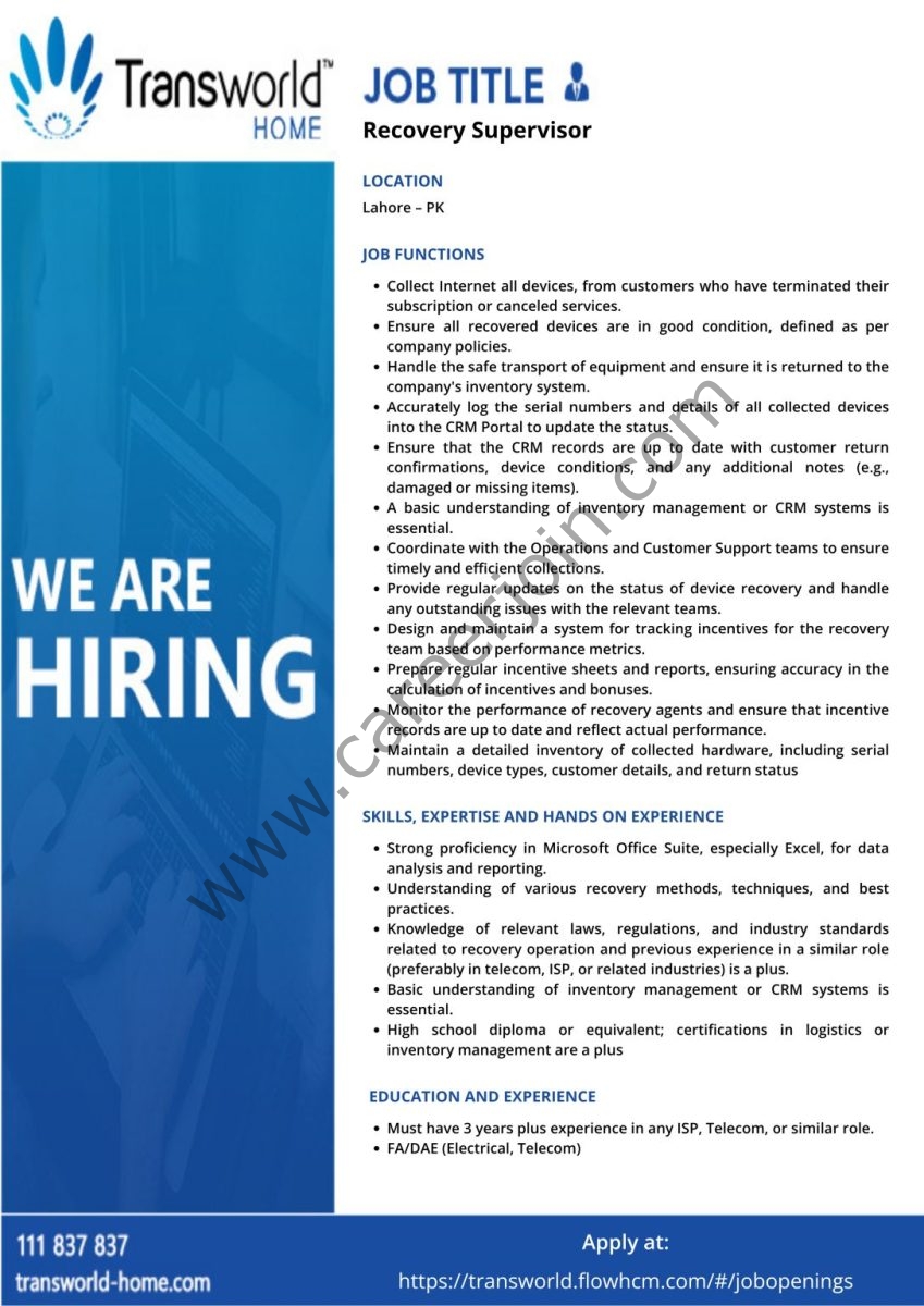 Transworld Home Jobs Recovery Supervisor 1