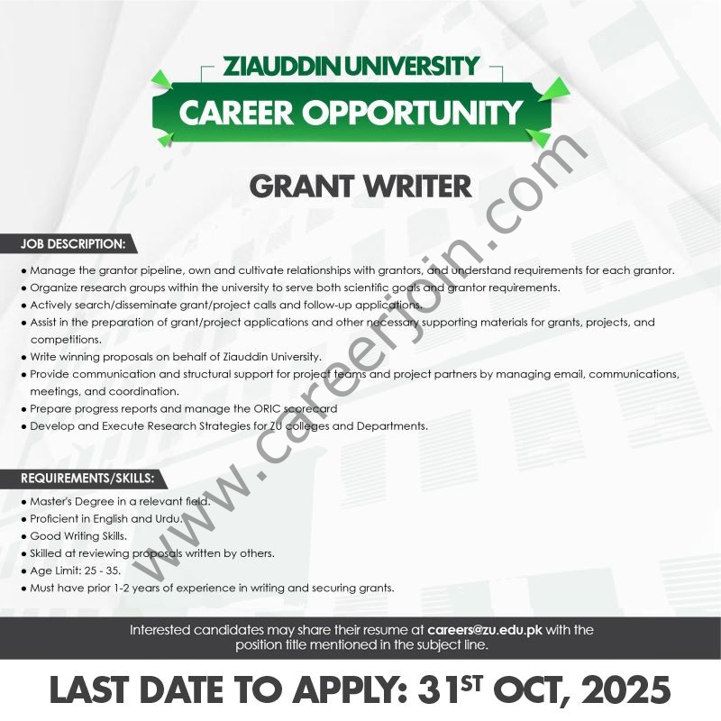 Ziauddin University Jobs October 2025 2