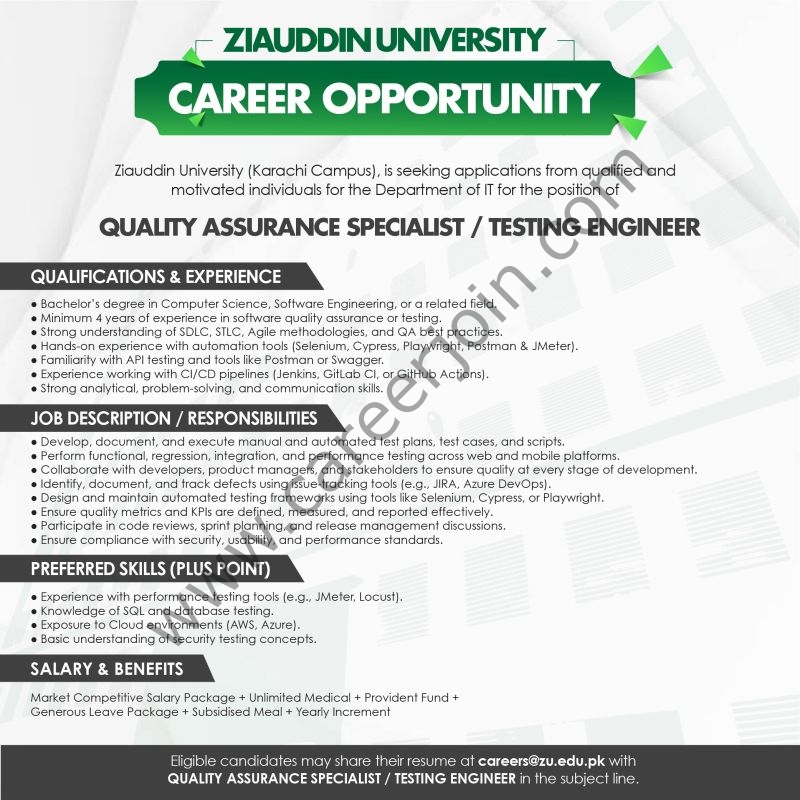 Ziauddin University Jobs Quality Assurance Specialist / Testing Engineer  1