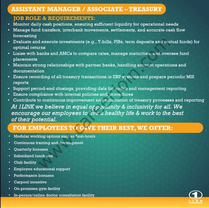 1Link Pvt Ltd Jobs Assistant Manager / Associate Treasury 2