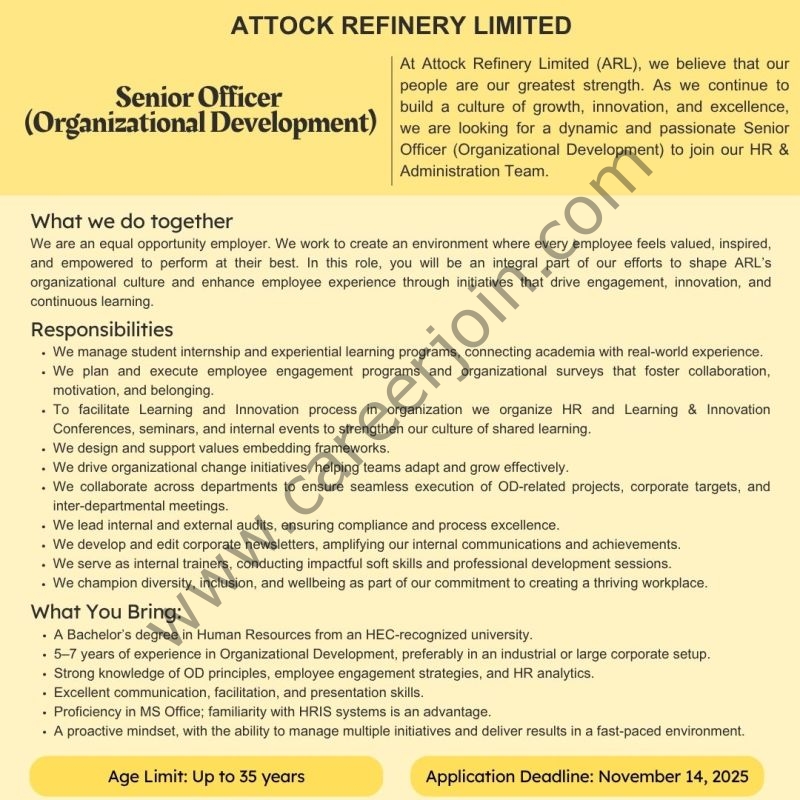 Attock Refinery Limited Jobs Senior Officer (Organizational Development) 1