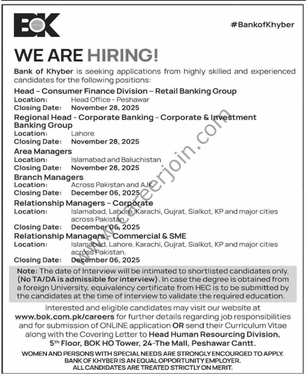 BOK Bank of Khyber Jobs 22 November 2025 Dawn 2