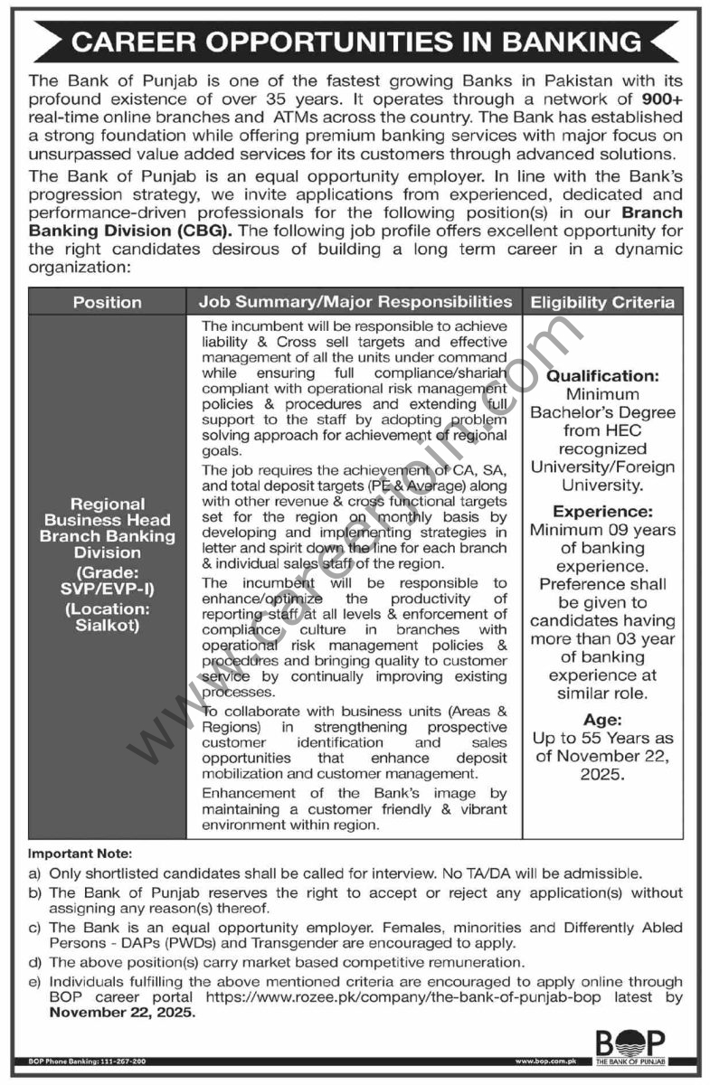 Bank of Punjab BOP Jobs 09 November 2025 Dawn 1