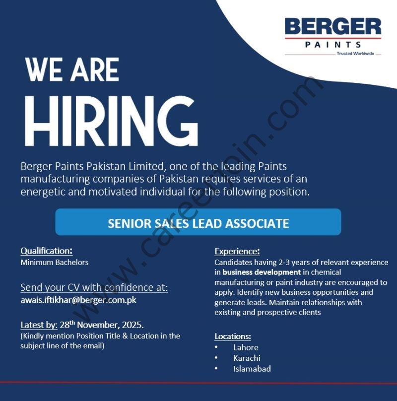 Berger Paints Pakistan Jobs Senior Sales Lead Associate 1