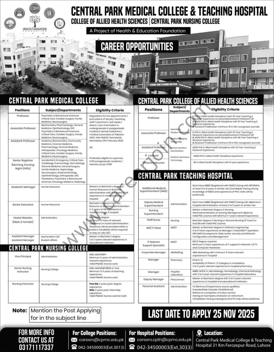 Central Park Medical College & Teaching Hospital Jobs 09 November 2025 Express 1