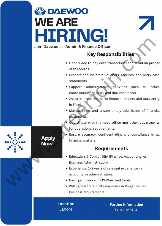 Daewoo Express Jobs Admin & Finance Officer 1