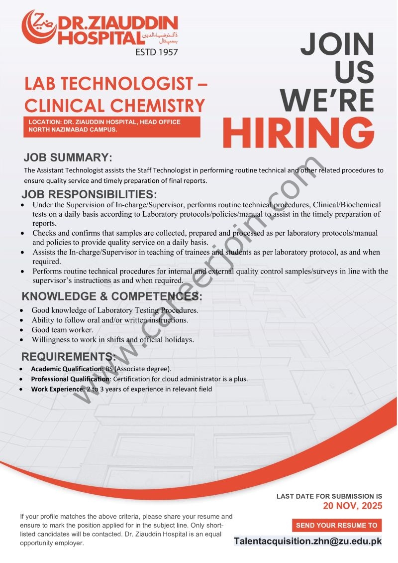 Dr Ziauddin Hospital Jobs Lab Technologist 1