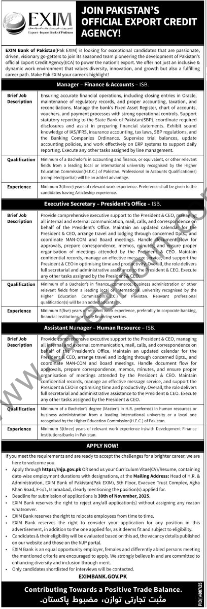 EXIM Bank of Pakistan Jobs 16 November 2025 Express Tribune 1