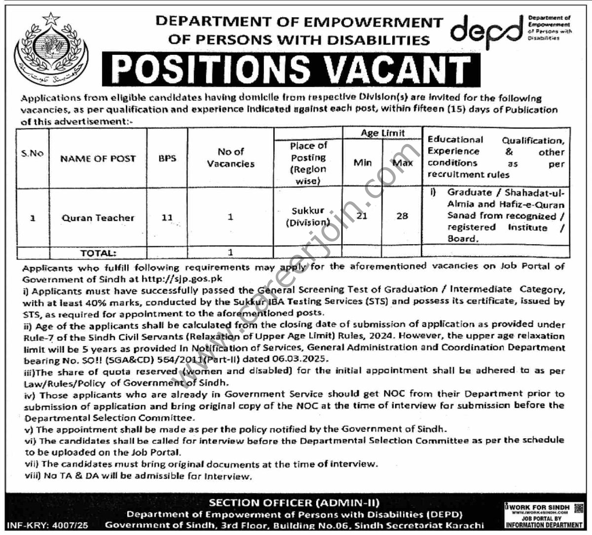 Empowerment of Persons With Disabilities Dept Sindh Jobs 29 November 2025 Dawn 1