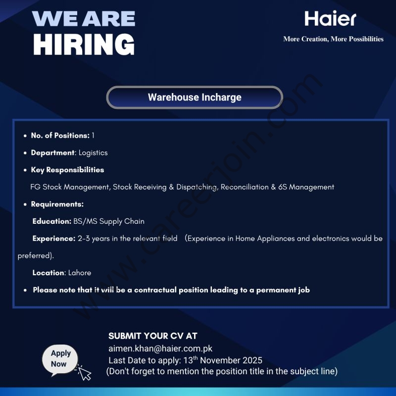 Haier Pakistan Jobs Warehouse Incharge 1