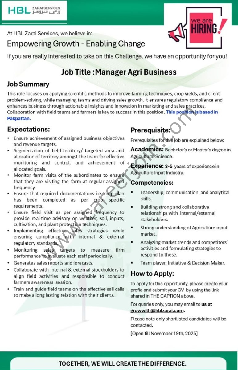 HBL Zarai Services Limited Jobs Manager Agri Business 1