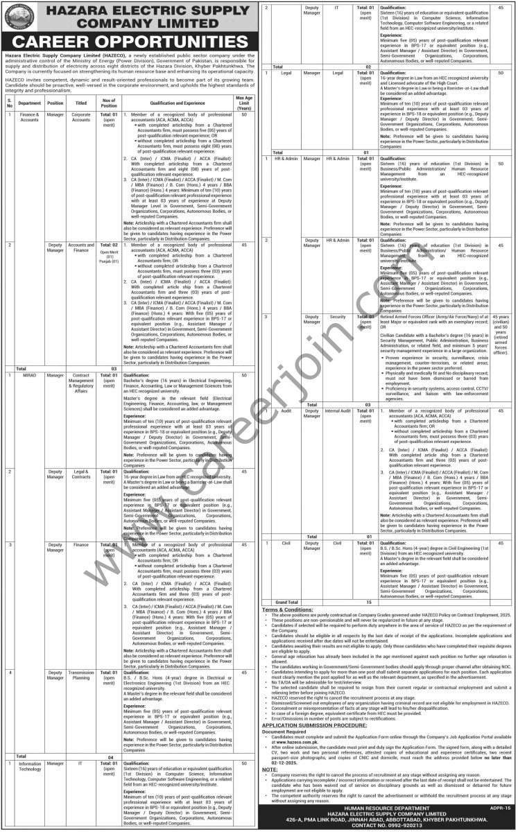 Hazara Electric Supply Co Ltd HAZECO Jobs 16 November 2025 Dawn 1