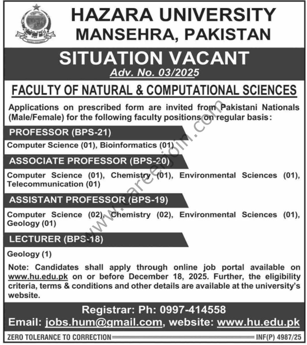 Hazara University Manshera Jobs 26 November 2025 Dawn 1