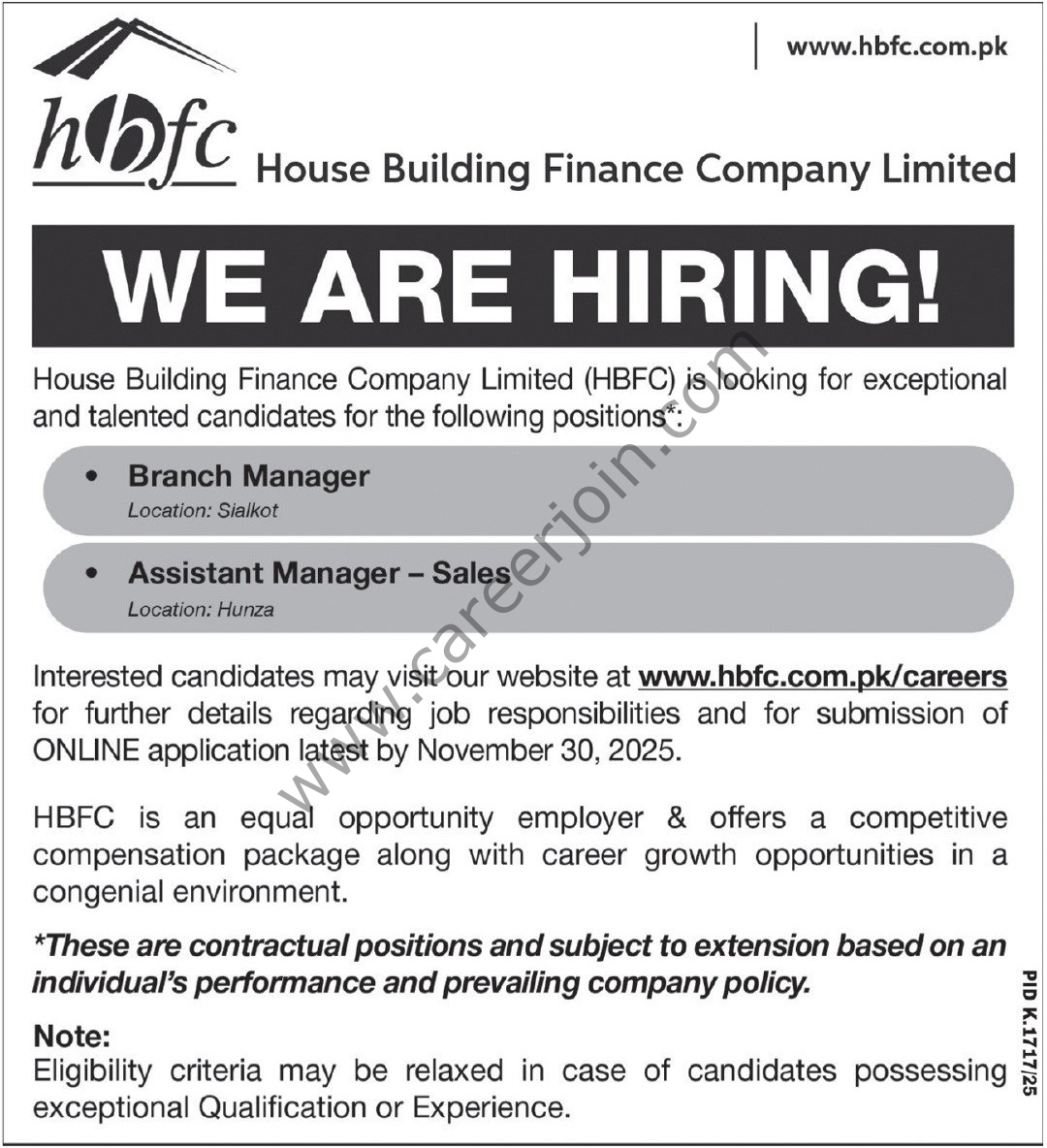 House Buliding Finance Co Ltd HBFC Jobs 16 November 2025 Express Tribune 1