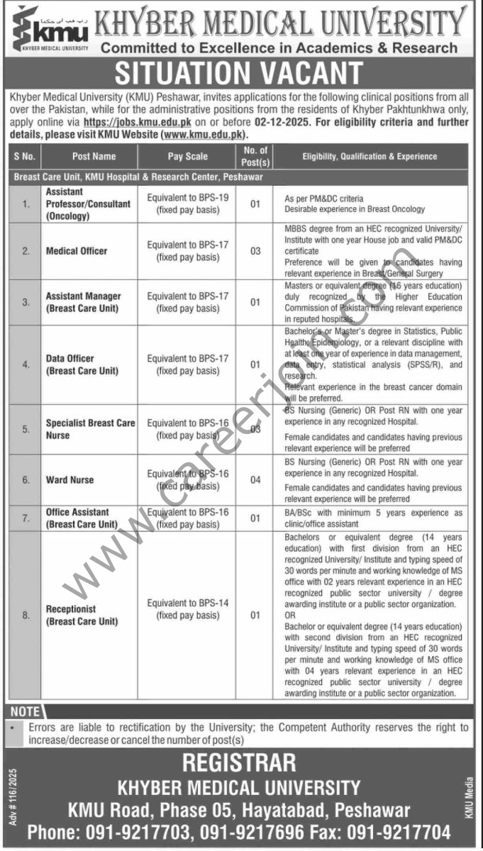 Khyber Medical University KMU Jobs 26 November 2025 Dawn 1