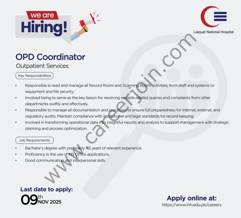 Liaquat National Hospital LNH Jobs OPD Coordinator 1