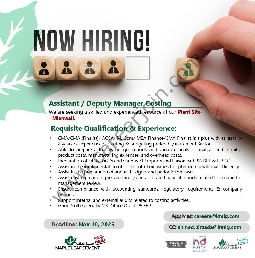 Maple Leaf Cement Factory Limited Jobs Assistant / Deputy Manager Costing 1