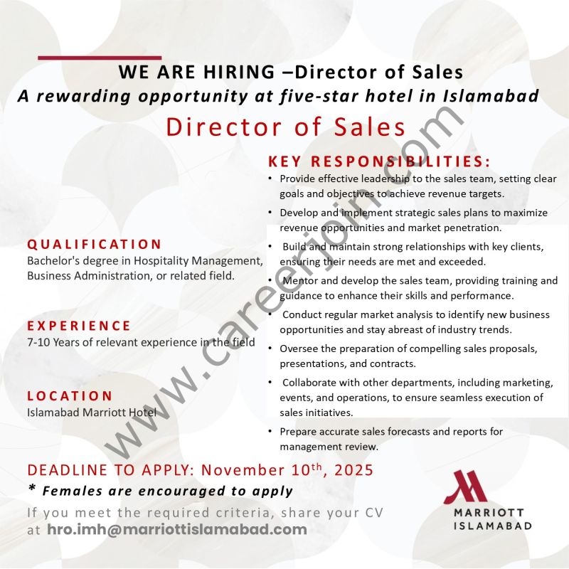 Islamabad Marriott Hotel Jobs Director of Sales 1