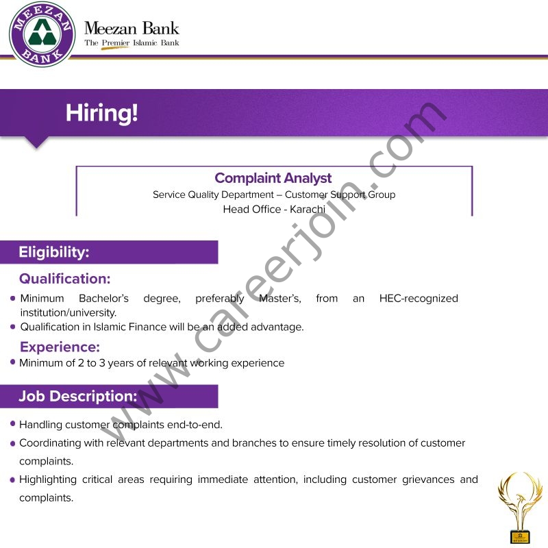 Meezan Bank Jobs Complaint Analyst 1