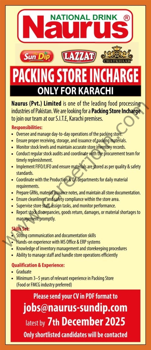 Naurus (Pvt) Limited Jobs Packing Store Incharge  1