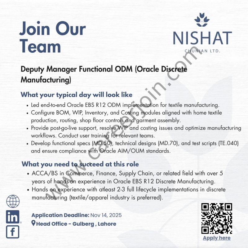 Nishat Chunian Limited Jobs Deputy Manager Functional ODM 1