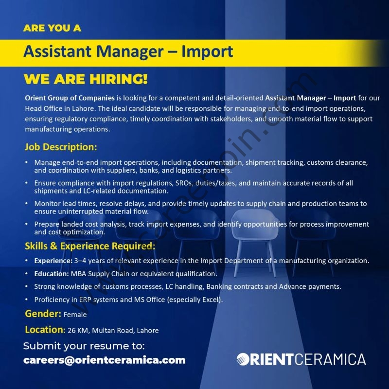 Orient Group Of Companies (Orient Ceramica) Jobs Assistant Manager Import 1