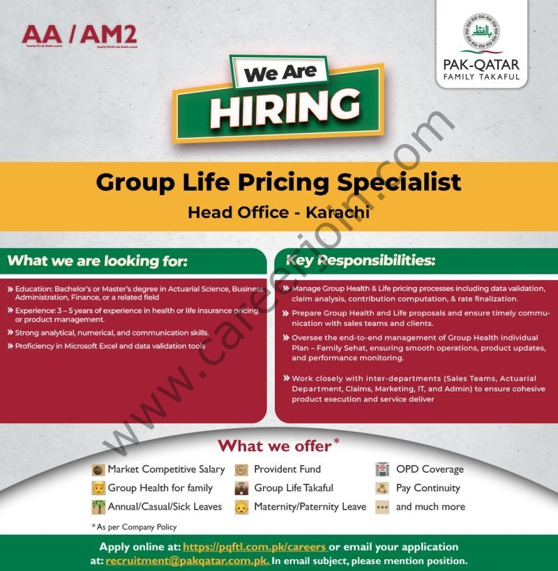 Pak Qatar Family Takaful Jobs Group Life Pricing Specialist 1