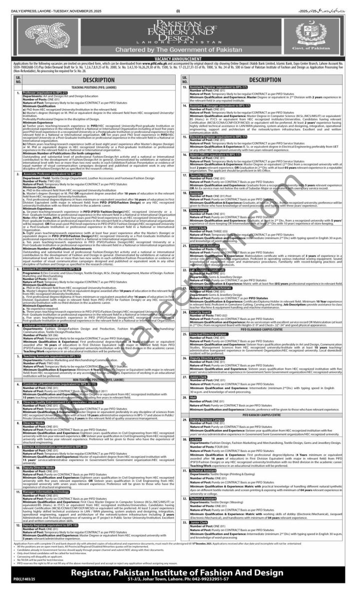 Pakistan Institute of Fashion & Design Jobs 25 November 2025 Express 1