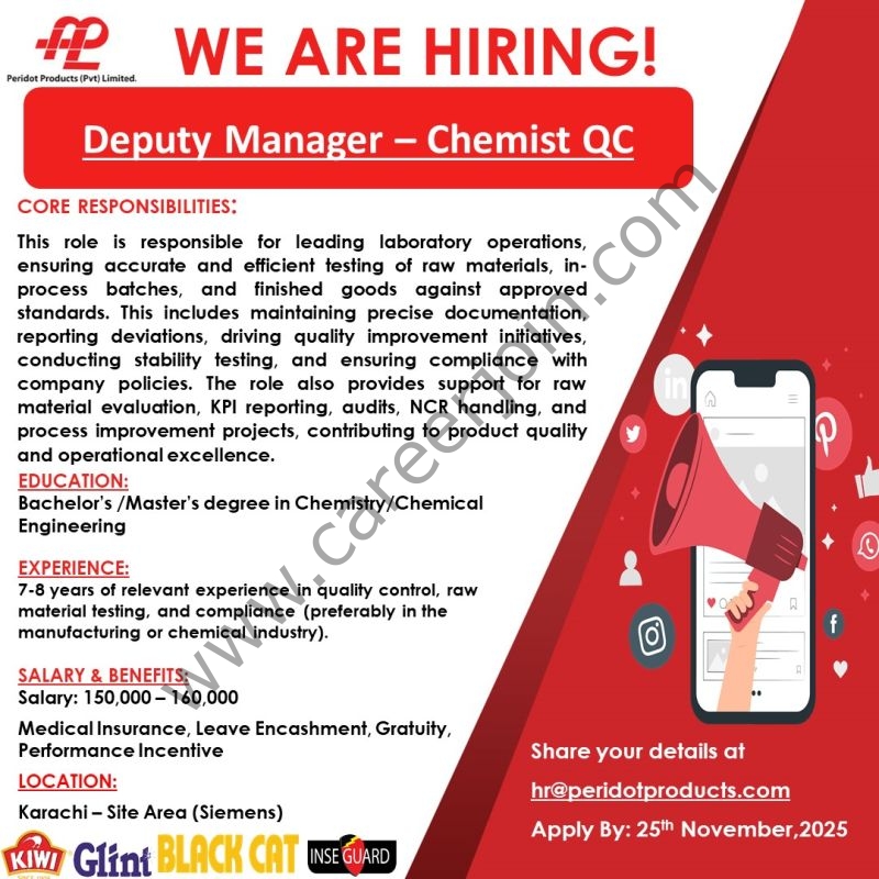 Peridot Products (Pvt) Limited Jobs Deputy Manager Chemist QC 1