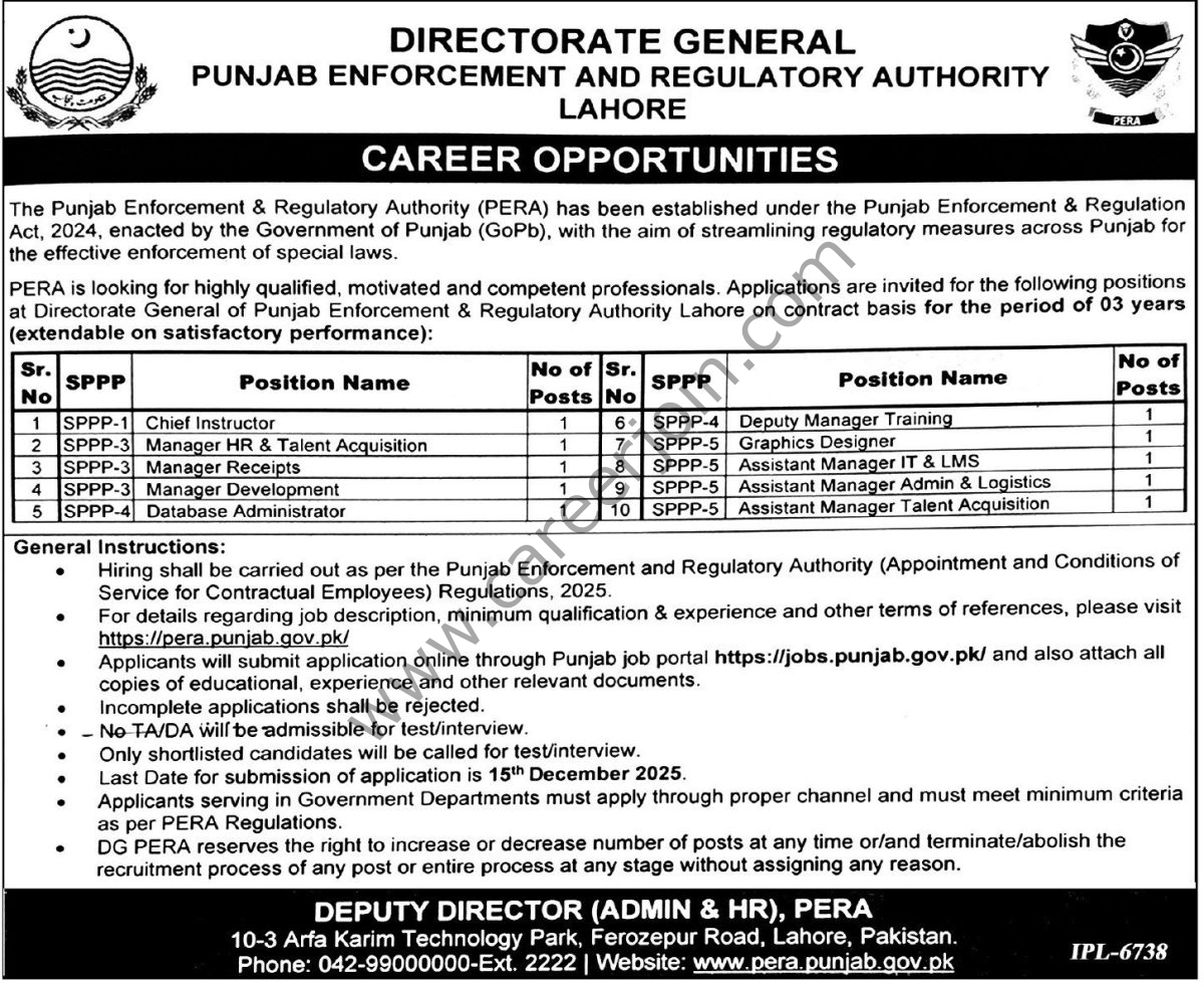Punjab Enforcement & Regulatory Authority PERA Jobs 26 November 2025 Express Tribune 1