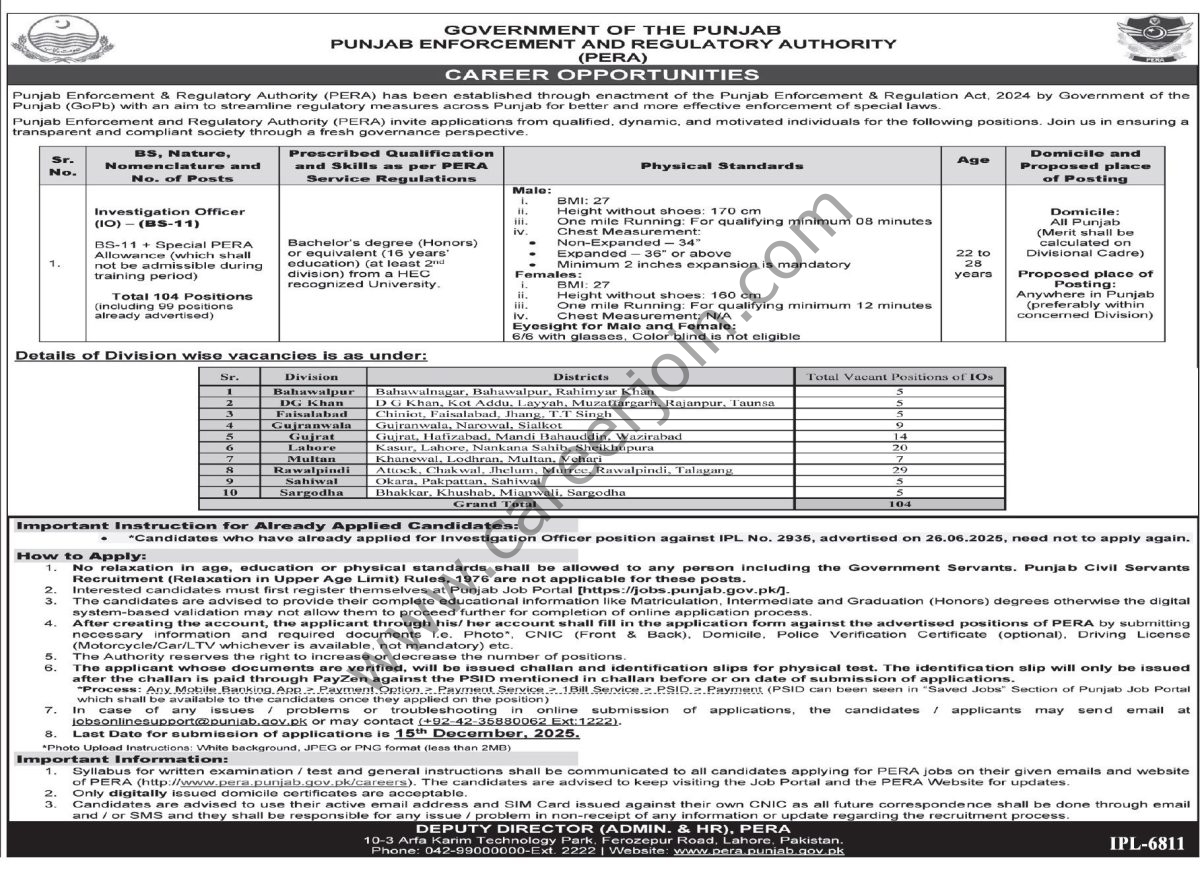 Punjab Enforcement & Regulatory Authority PERA Jobs 28 November 2025 Express Tribune 1