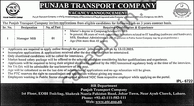 Punjab Transport Co Jobs 26 November 2025 Nawaiwaqt 1