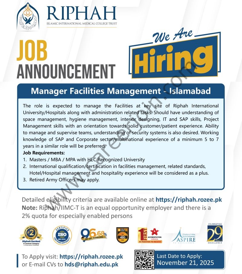 Riphah International Medical College Trust Jobs Manager Facilities Management 1