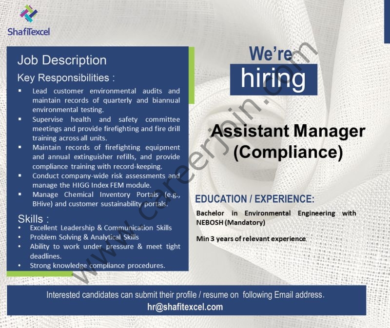 Shafi Texcel Pvt Ltd Jobs Assistant Manager (Compliance) 1