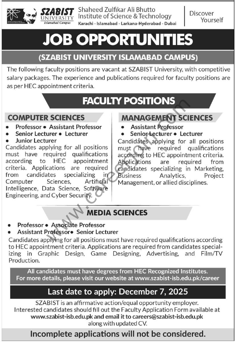 SZABIST University Jobs 23 November 2025 Express Tribune 1
