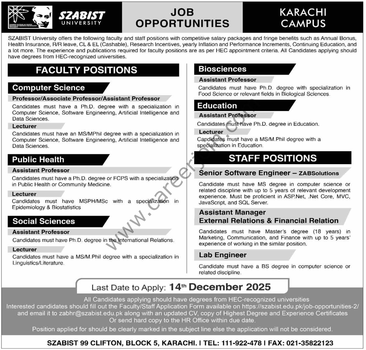 SZABIST University Jobs 30 November 2025 Dawn 1