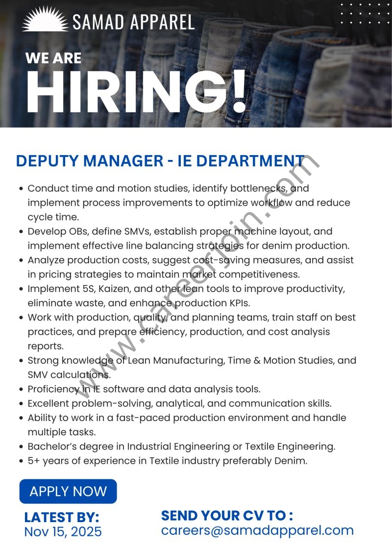 Samad Apparel Pvt Ltd Jobs Deputy Manager IE 1