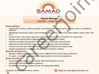 Samad Group of Industries Jobs Deputy Manager Costing