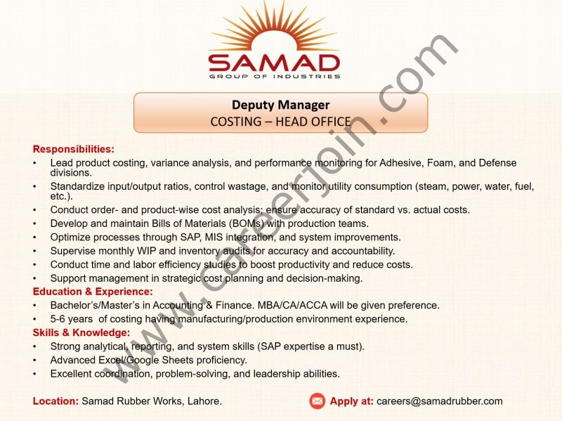 Samad Group of Industries Jobs Deputy Manager Costing 1
