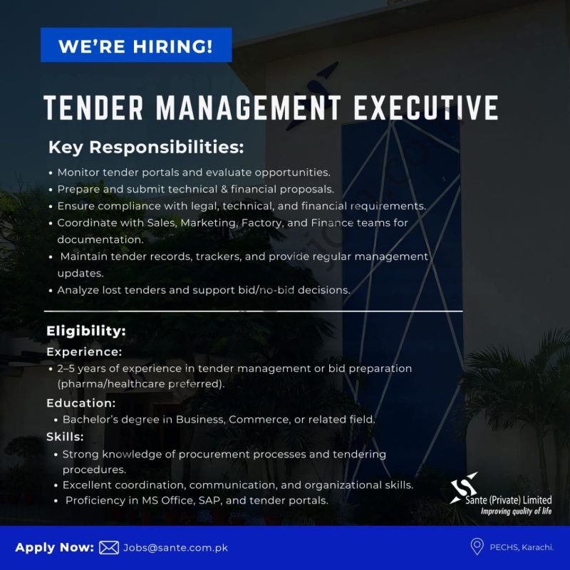 Sante Pvt Ltd Jobs Tender Management Executive 1