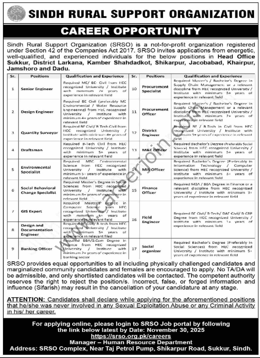Sindh Rual Support Organization SRSO Jobs 23 November 2025 Dawn 1