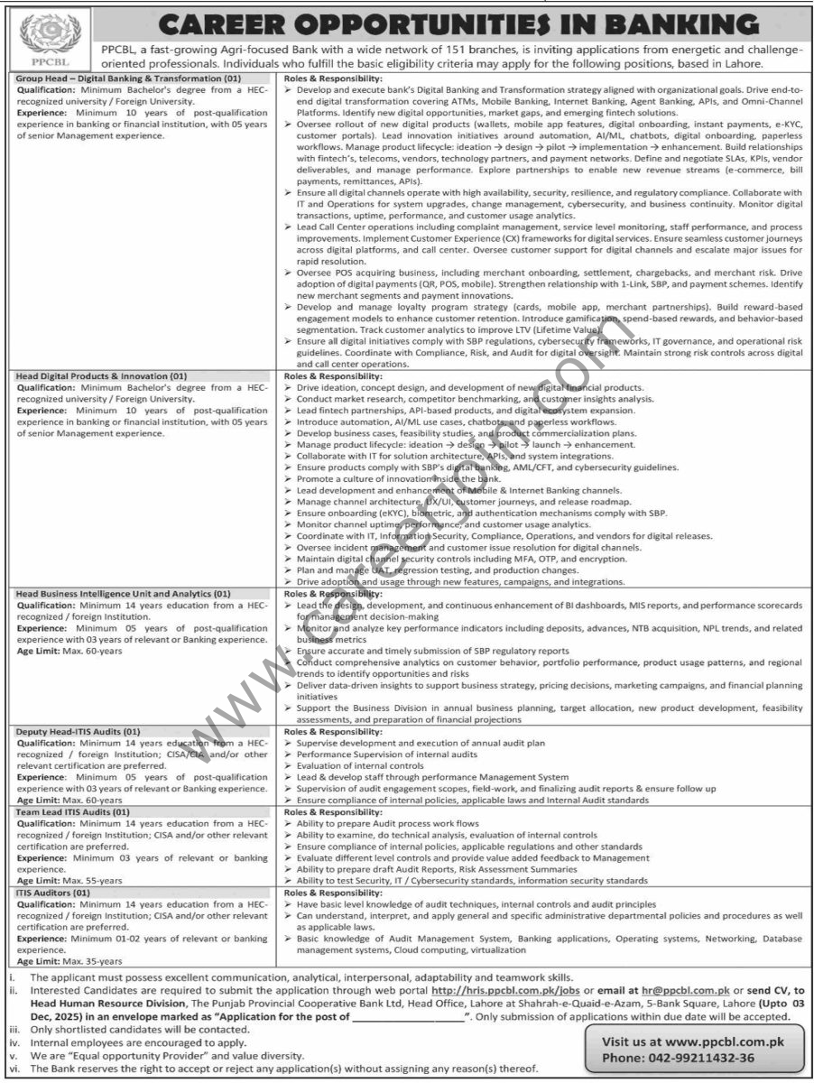The Punjab Provincial Cooperative Bank Ltd PPCBL Jobs 23 November 2025 Dawn 1
