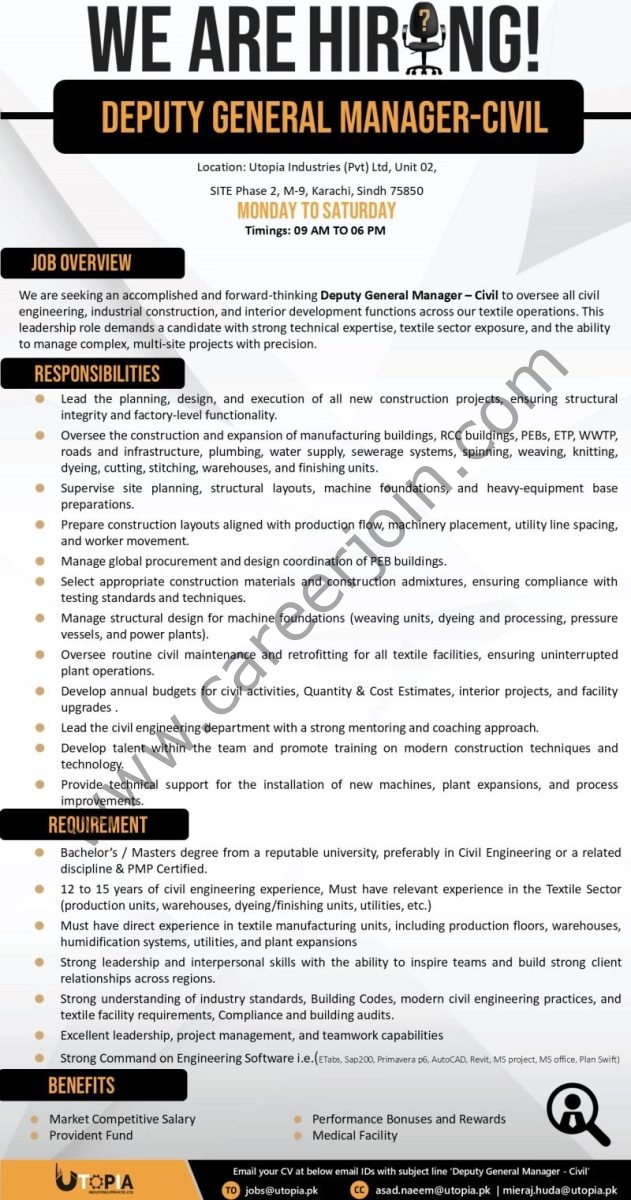 Utopia Industries Pvt Ltd Jobs Deputy General Manager Civil 1