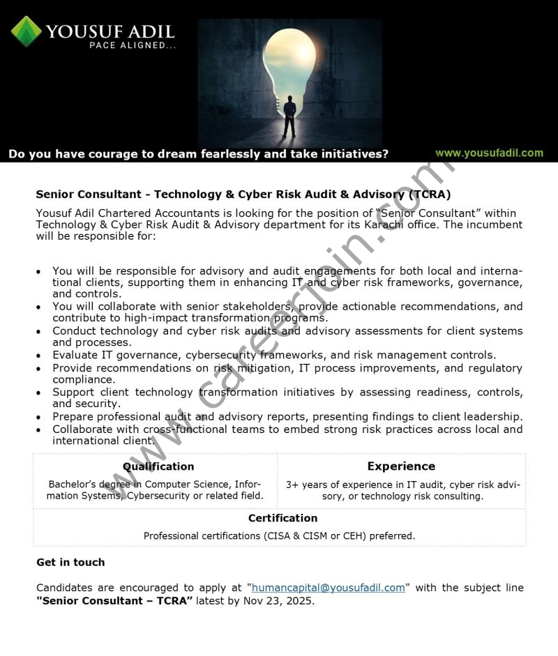 Yousuf Adil Chartered Accountants Jobs Senior Consultant TCRA 1